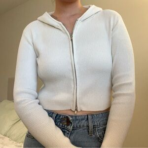 Brandy Melville White Ribbed Zip-Up Hoodie